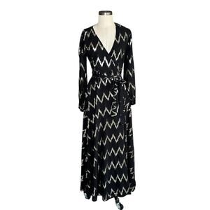 BOSTON PROPER Chevron Black Gold Zip Zag Metallic Wrap Dress Women's Size XS